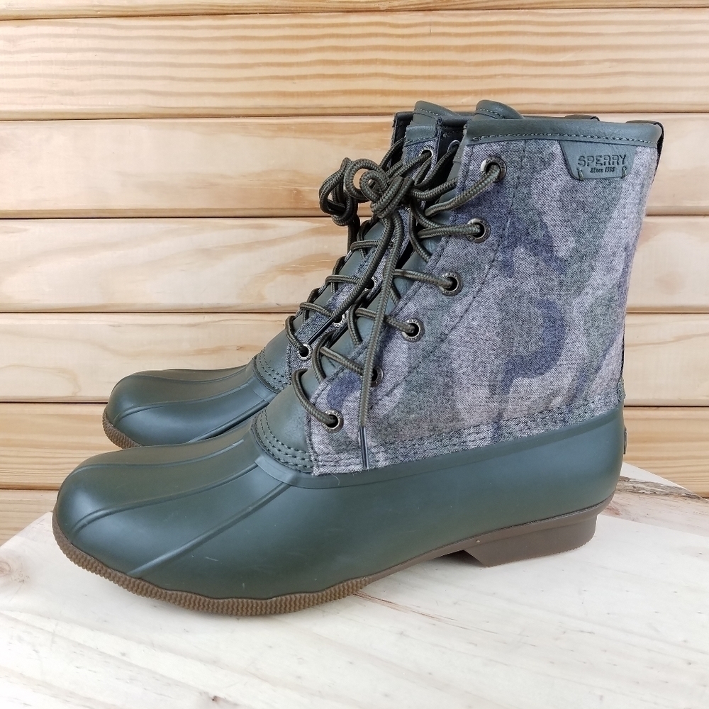 NEW Sperry Top-Sider Saltwater Duck Boot Camo Lace-up Waterproof Green Mens 10.5